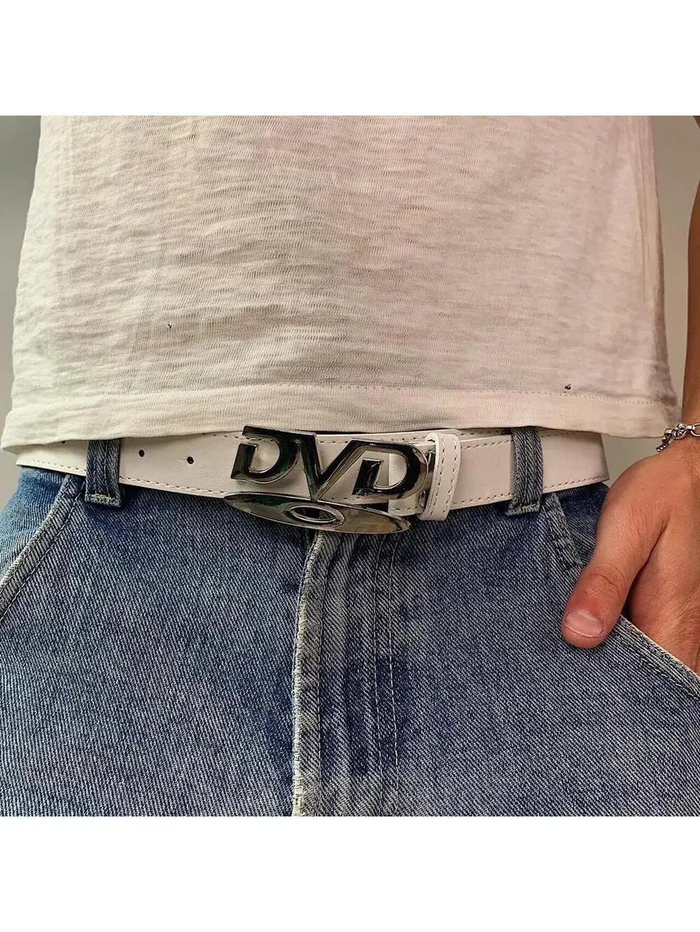 Y2K DVD Buckle White Leather Belt 39 Inch Unisex